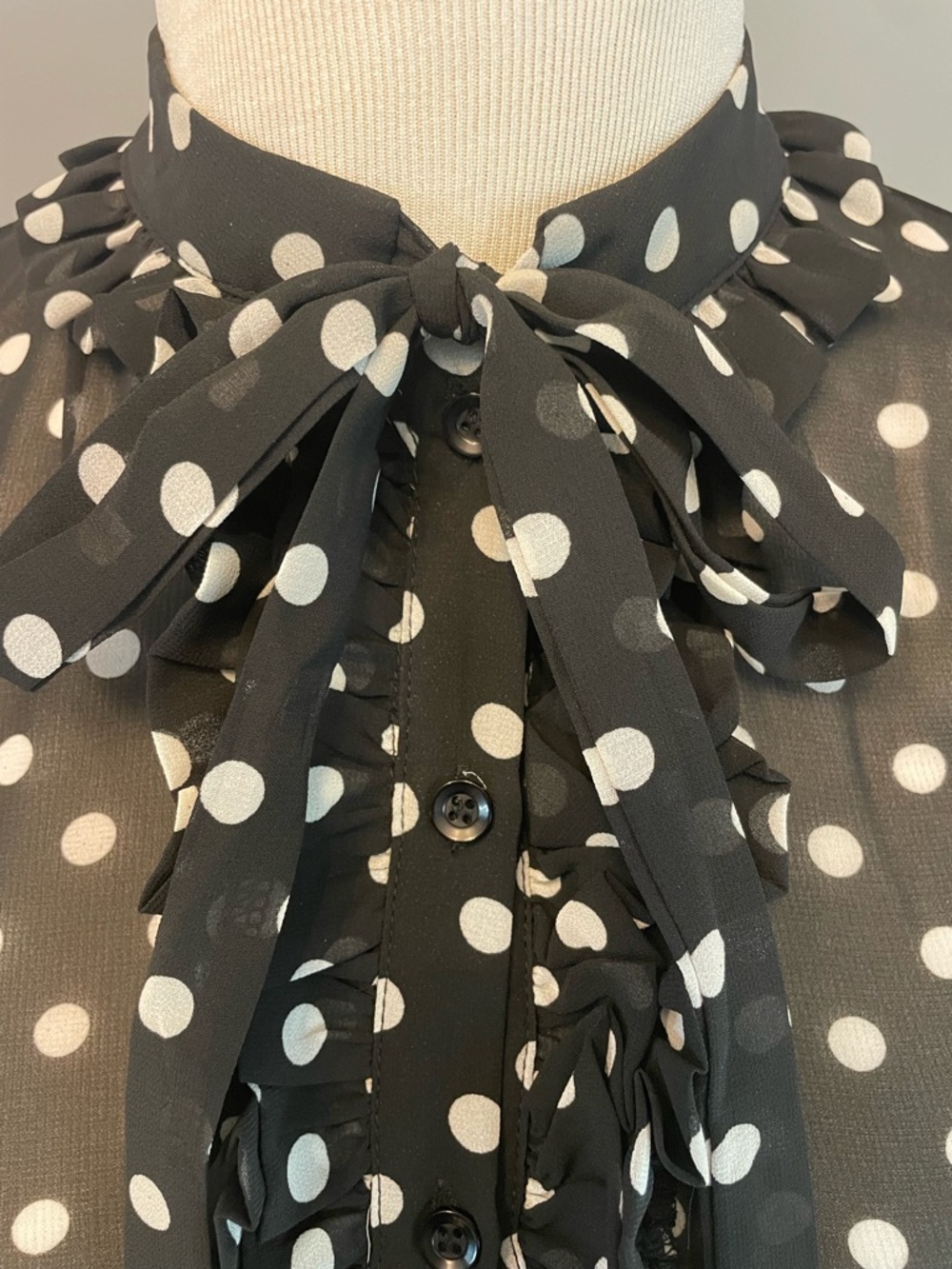 Fashion Nova Black and White Polka Dot Ruffle Tie-Neck Blouse - Picture 9 of 13